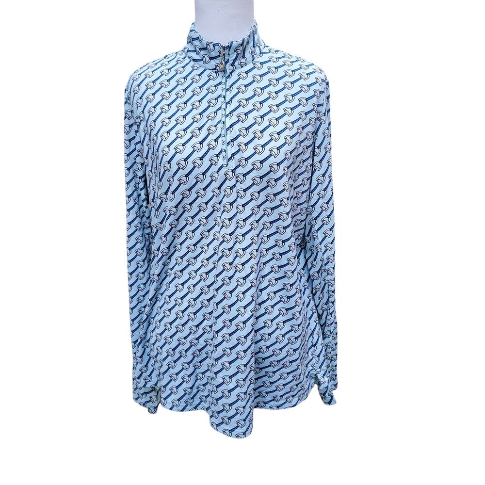 SanSoleil Blue Printed Top Long Sleeve 1/4 Zip Mock Neck UV 50 + Cooling Sz L